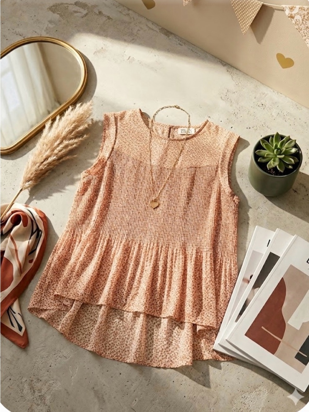 Molly Bracken Sheer Floral Pleated Sleeveless Top
